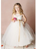 Ivory Lace Tulle Fancy Flower Girl Dress With Champagne Mercerized Sash